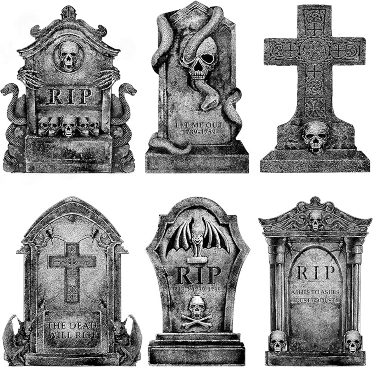 Halloween Decorations Outdoor Graveyard Tombstones: 6ct Large Tombstones Halloween Decor Yard Signs with Stakes, 16" Tall Realistic Scary Skeleton RIP Gravestones Yard Lawn Outside for Kids Home Party